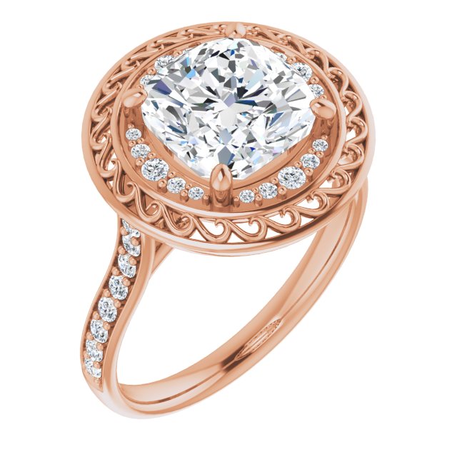 10K Rose Gold Customizable Cathedral-style Cushion Cut featuring Cluster Accented Filigree Setting & Shared Prong Band