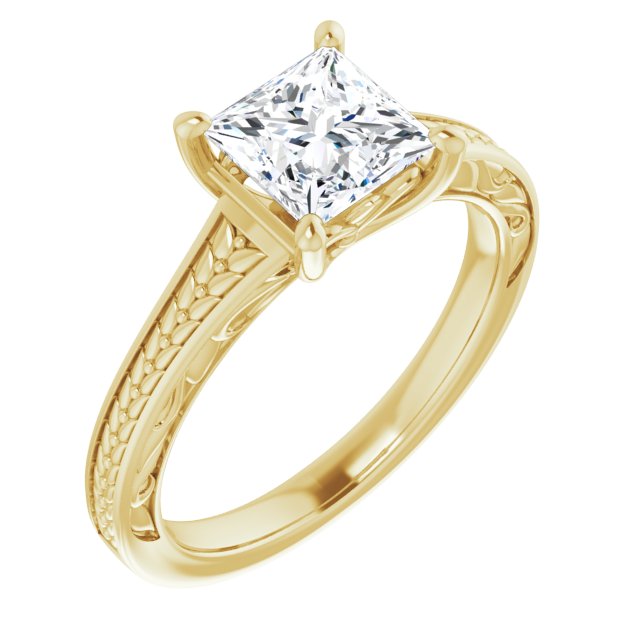 10K Yellow Gold Customizable Princess/Square Cut Solitaire with Organic Textured Band and Decorative Prong Basket