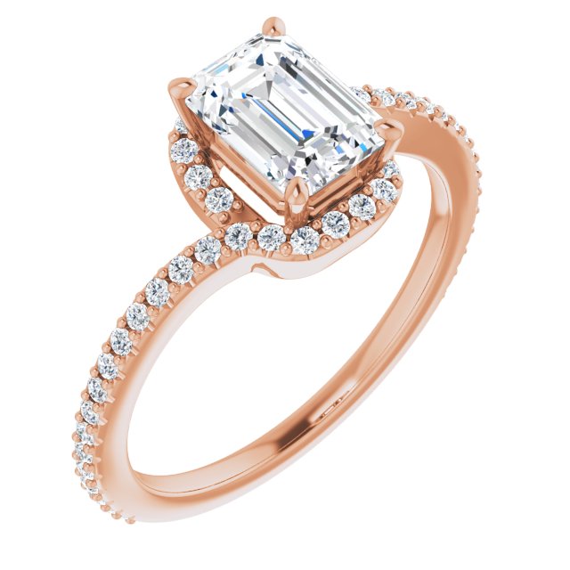 10K Rose Gold Customizable Artisan Emerald/Radiant Cut Design with Thin, Accented Bypass Band
