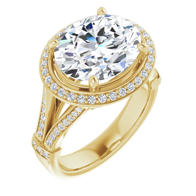 10K Yellow Gold Customizable Oval Cut Setting with Halo, Under-Halo Trellis Accents and Accented Split Band