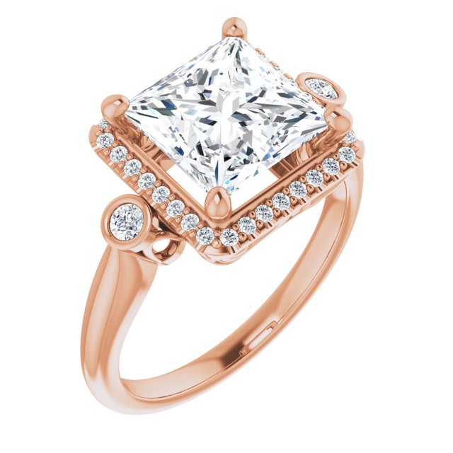 10K Rose Gold Customizable Princess/Square Cut Style with Halo and Twin Round Bezel Accents