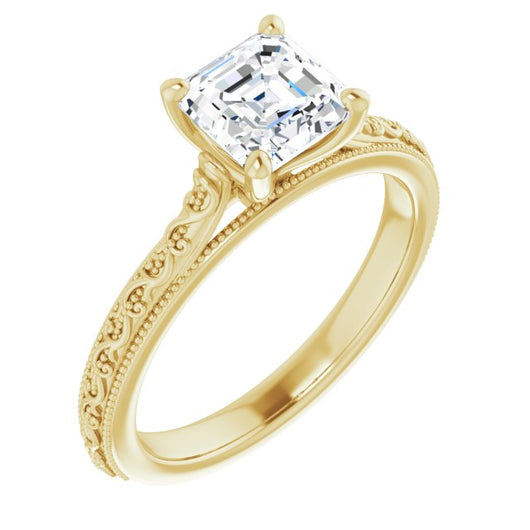 10K Yellow Gold Customizable Asscher Cut Solitaire with Delicate Milgrain Filigree Band