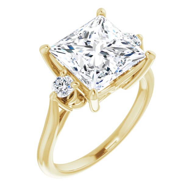 10K Yellow Gold Customizable Three-stone Princess/Square Cut Design with Small Round Accents and Vintage Trellis/Basket