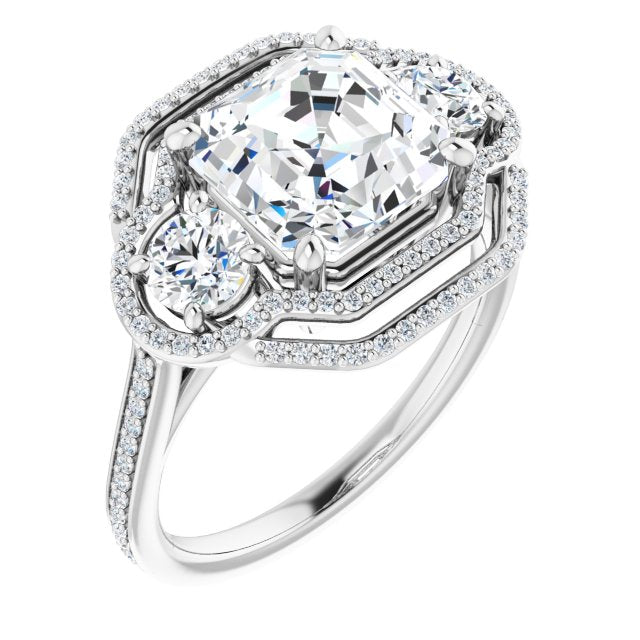 10K White Gold Customizable Enhanced 3-stone Double-Halo Style with Asscher Cut Center and Thin Band