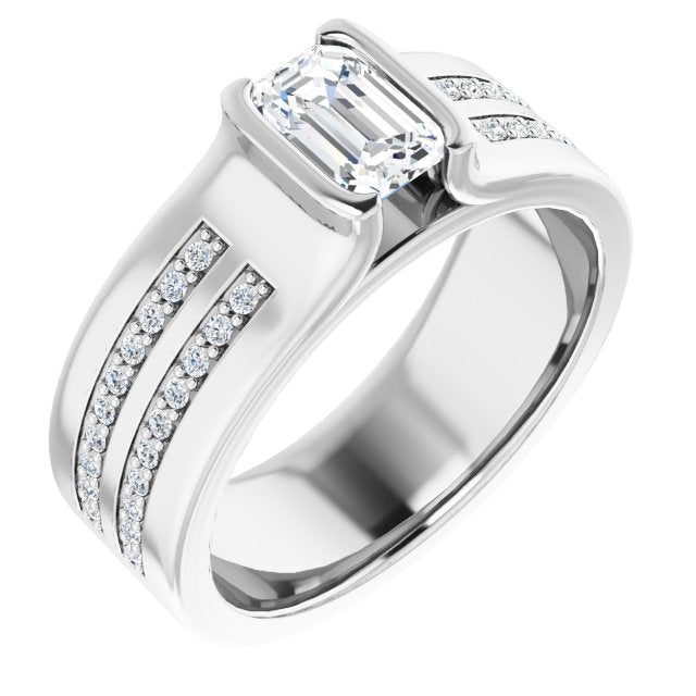 10K White Gold Customizable Bezel-set Emerald/Radiant Cut Design with Thick Band featuring Double-Row Shared Prong Accents