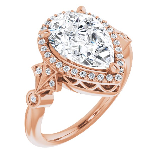 10K Rose Gold Customizable Cathedral-Crown Pear Cut Design with Halo and Scalloped Side Stones