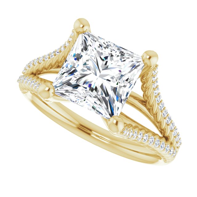 Cubic Zirconia Engagement Ring- The Contessa (Customizable Princess/Square Cut Style with Split Band and Rope-Pavé)