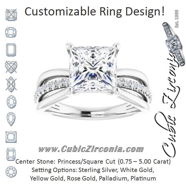 Cubic Zirconia Engagement Ring- The Rissa (Customizable Princess/Square Cut Design with Tri-Split Accented Band)