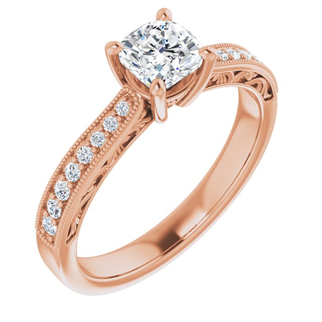 10K Rose Gold Customizable Cushion Cut Design with Round Band Accents and Three-sided Filigree Engraving