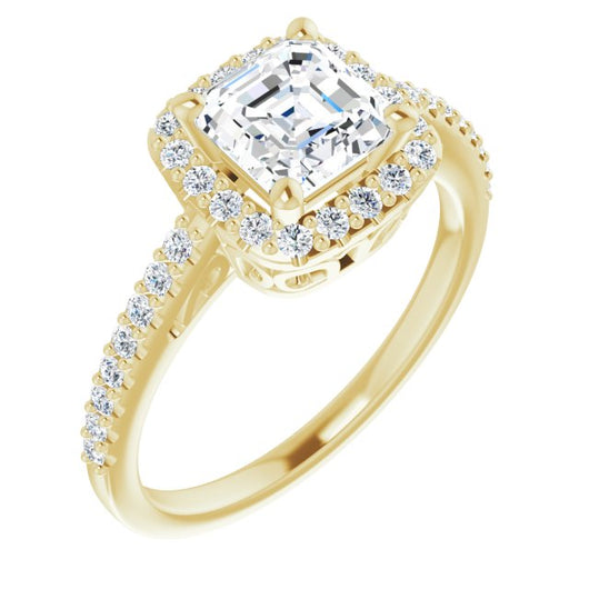10K Yellow Gold Customizable Cathedral-Crown Asscher Cut Design with Halo and Accented Band