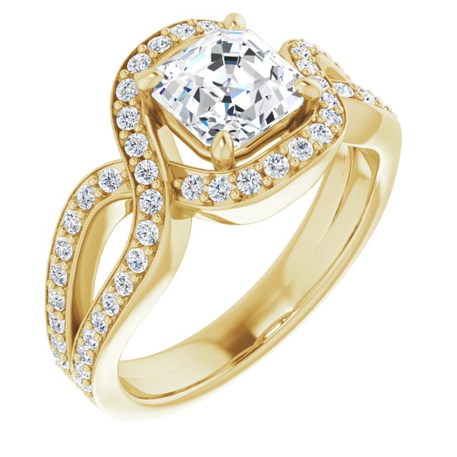 10K Yellow Gold Customizable Asscher Cut Center with Infinity-inspired Split Shared Prong Band and Bypass Halo