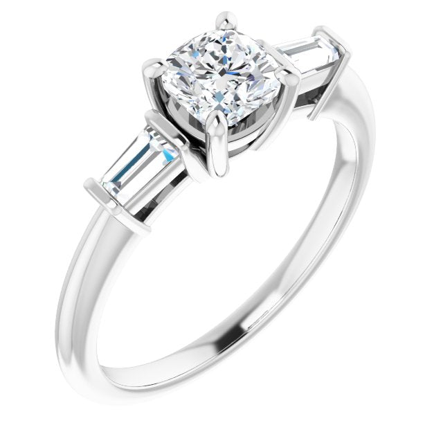 10K White Gold Customizable 3-stone Cushion Cut Design with Dual Baguette Accents)