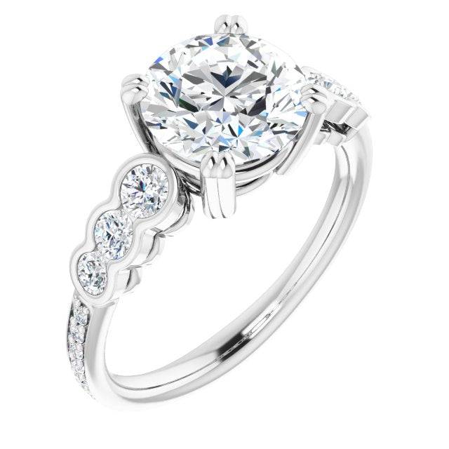 14K White Gold Customizable Round Cut 7-stone Style Enhanced with Bezel Accents and Shared Prong Band