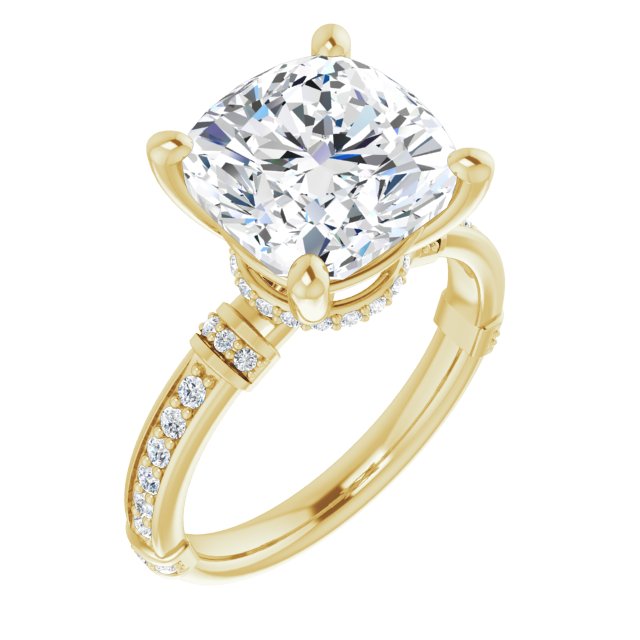 10K Yellow Gold Customizable Cushion Cut Style featuring Under-Halo, Shared Prong and Quad Horizontal Band Accents