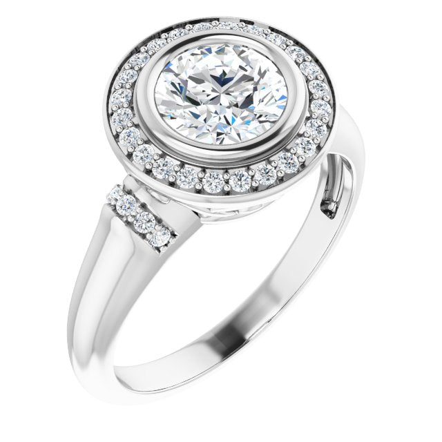 10K White Gold Customizable Bezel-set Round Cut Design with Halo and Vertical Round Channel Accents