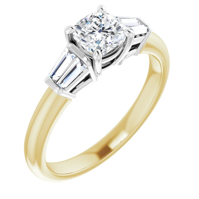14K Yellow & White Gold Customizable 5-stone Cushion Cut Style with Quad Tapered Baguettes