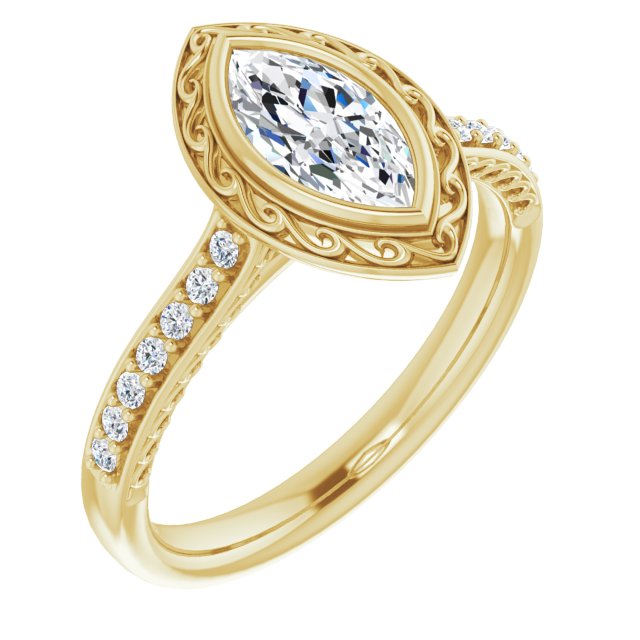 10K Yellow Gold Customizable Cathedral-Bezel Marquise Cut Design featuring Accented Band with Filigree Inlay
