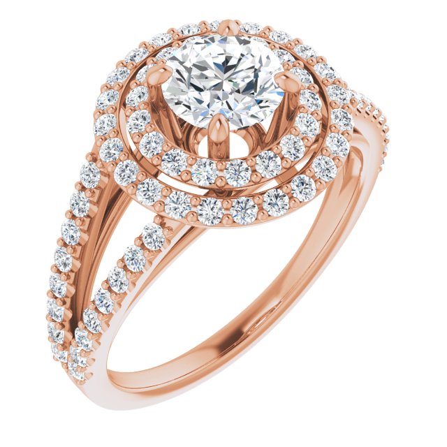 10K Rose Gold Customizable Round Cut Design with Double Halo and Wide Split-Pavé Band