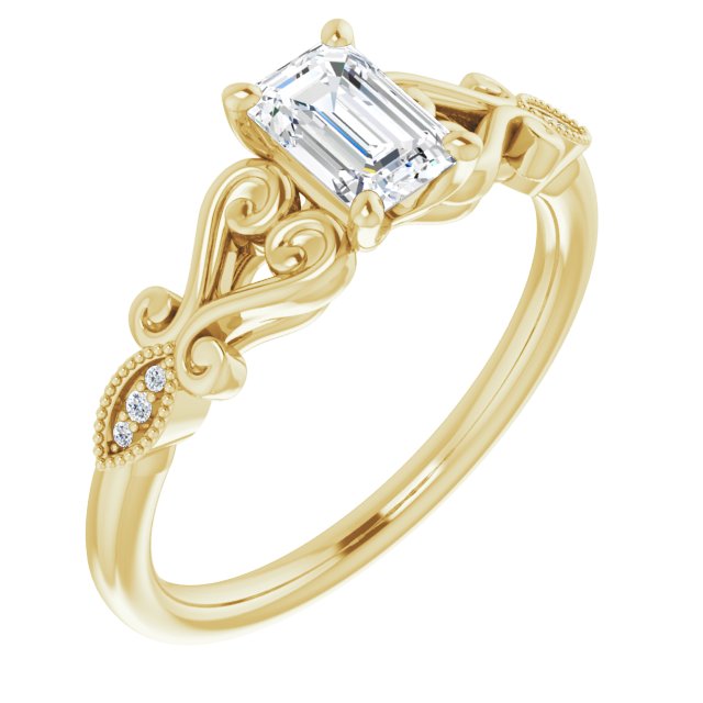 10K Yellow Gold Customizable 7-stone Design with Emerald/Radiant Cut Center Plus Sculptural Band and Filigree