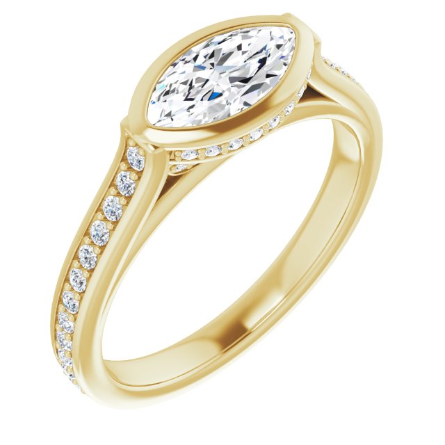 10K Yellow Gold Customizable Cathedral-Bezel Marquise Cut Design with Under Halo and Shared Prong Band