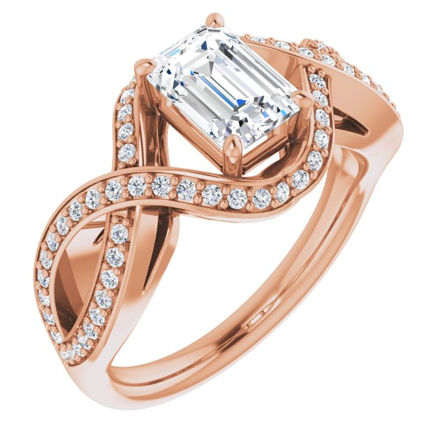 10K Rose Gold Customizable Emerald/Radiant Cut Design with Twisting, Infinity-Shared Prong Split Band and Bypass Semi-Halo