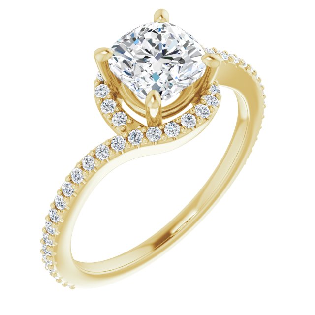10K Yellow Gold Customizable Artisan Cushion Cut Design with Thin, Accented Bypass Band