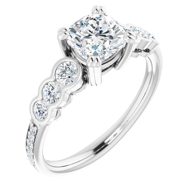 10K White Gold Customizable Cushion Cut 7-stone Style Enhanced with Bezel Accents and Shared Prong Band