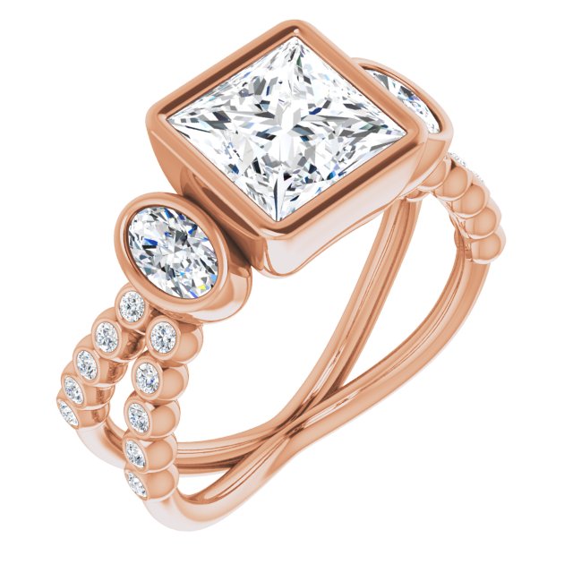 10K Rose Gold Customizable Bezel-set Princess/Square Cut Design with Dual Bezel-Oval Accents and Round-Bezel Accented Split Band