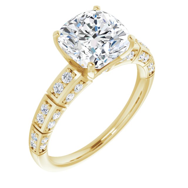 10K Yellow Gold Customizable Cushion Cut Style with Three-sided, Segmented Shared Prong Band
