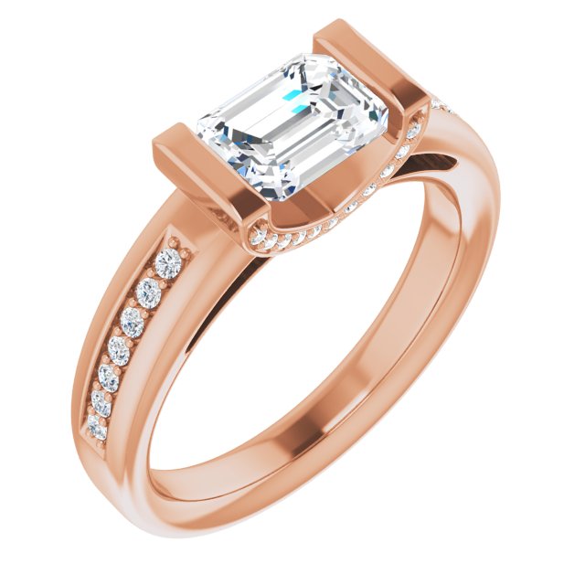 10K Rose Gold Customizable Cathedral-Bar Emerald/Radiant Cut Design featuring Shared Prong Band and Prong Accents