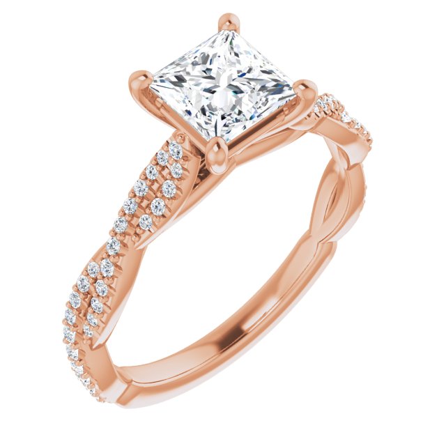 10K Rose Gold Customizable Princess/Square Cut Style with Thin and Twisted Micropavé Band