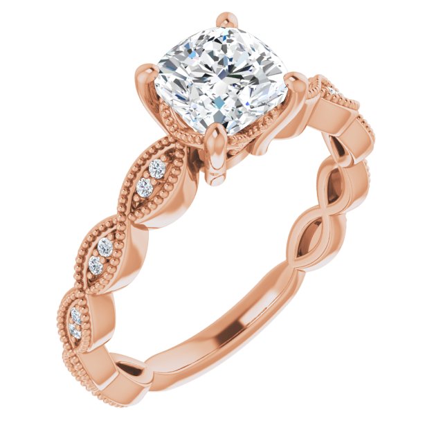 10K Rose Gold Customizable Cushion Cut Artisan Design with Scalloped, Round-Accented Band and Milgrain Detail