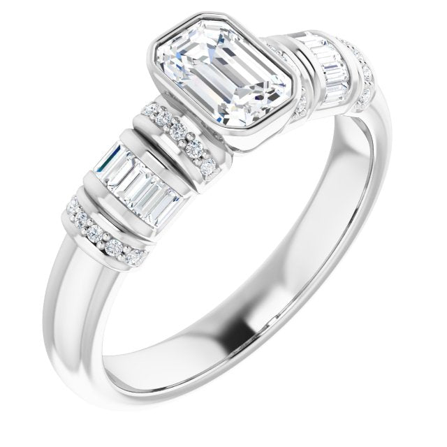 10K White Gold Customizable Bezel-set Emerald/Radiant Cut Setting with Wide Sleeve-Accented Band