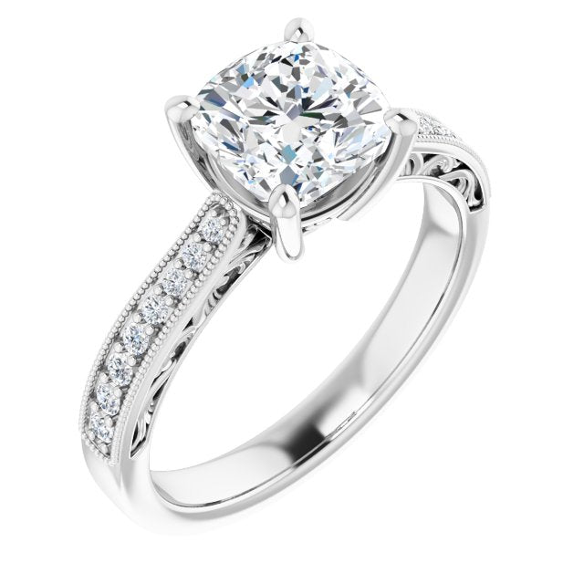 Cubic Zirconia Engagement Ring- The Lina (Customizable Cushion Cut Design with Round Band Accents and Three-sided Filigree Engraving)