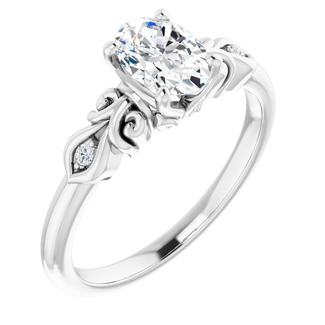 10K White Gold Customizable 3-stone Oval Cut Design with Small Round Accents and Filigree