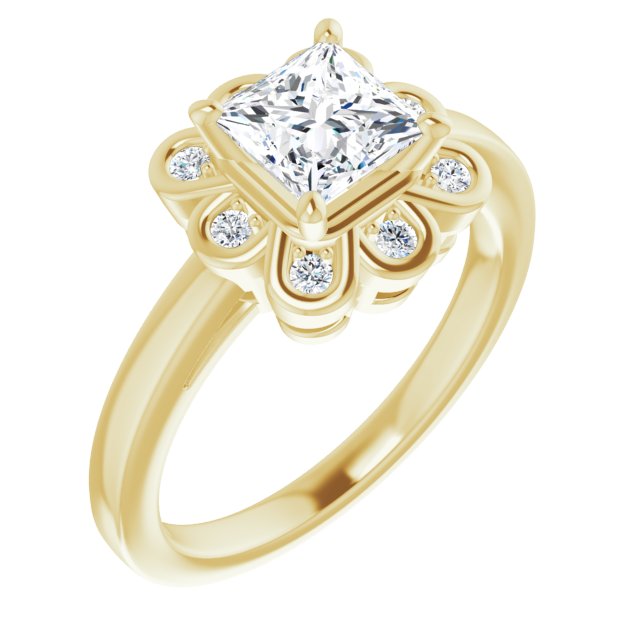 10K Yellow Gold Customizable 9-stone Princess/Square Cut Design with Round Bezel Side Stones