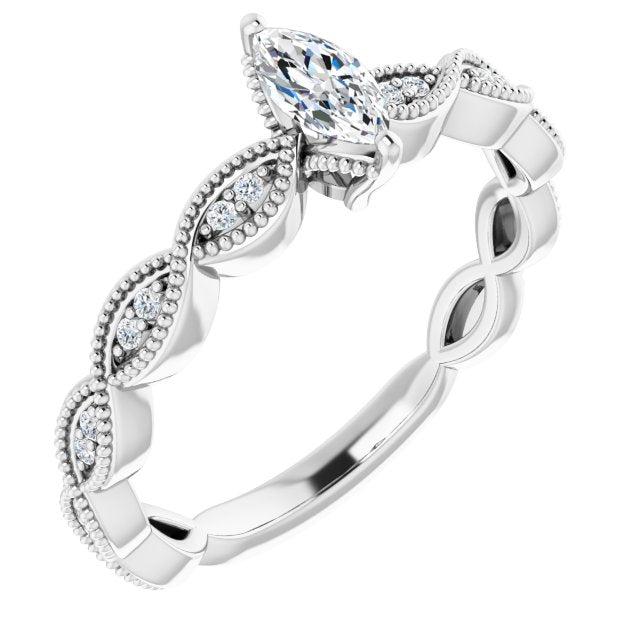 10K White Gold Customizable Marquise Cut Artisan Design with Scalloped, Round-Accented Band and Milgrain Detail