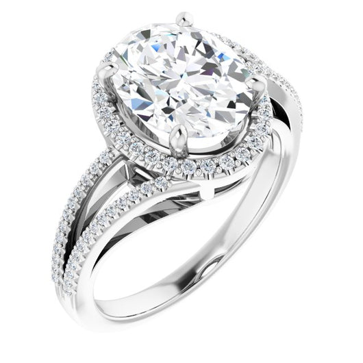 10K White Gold Customizable Oval Cut Vintage Design with Halo Style and Asymmetrical Split-Pavé Band