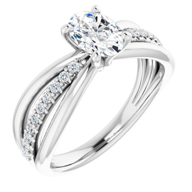 10K White Gold Customizable Oval Cut Design with Tri-Split Accented Band