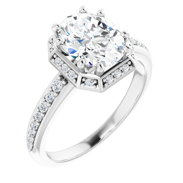 10K White Gold Customizable Oval Cut Design with Geometric Under-Halo and Shared Prong Band