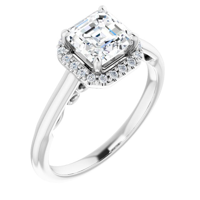 10K White Gold Customizable Cathedral-Halo Asscher Cut Style featuring Sculptural Trellis
