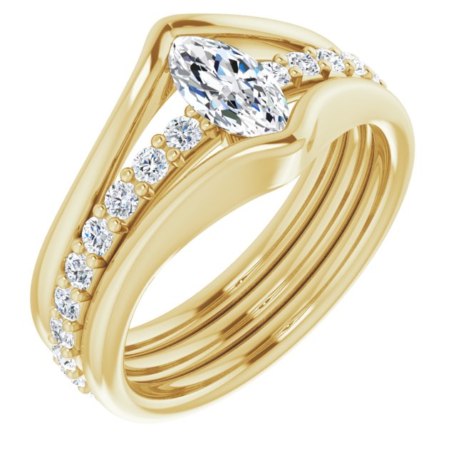 10K Yellow Gold Customizable Bezel-set Marquise Cut Style with Thick Pavé Band