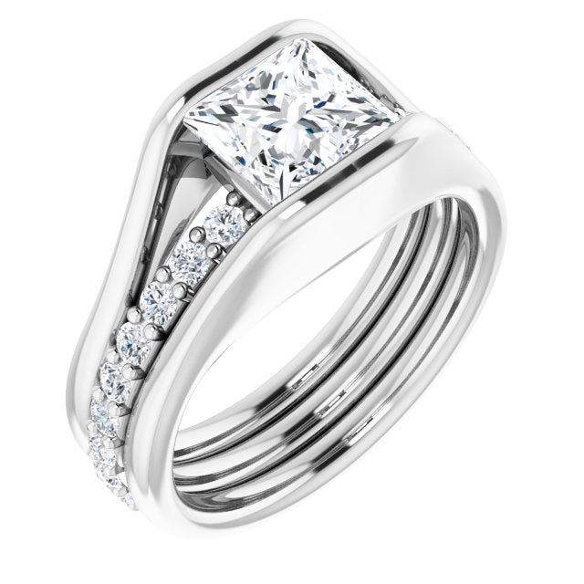 10K White Gold Customizable Bezel-set Princess/Square Cut Style with Thick Pavé Band