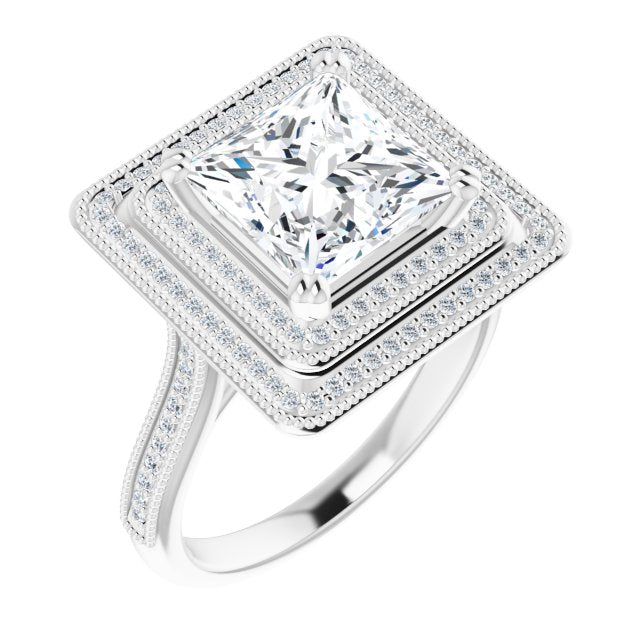 10K White Gold Customizable Princess/Square Cut Design with Elegant Double Halo, Houndstooth Milgrain and Band-Channel Accents