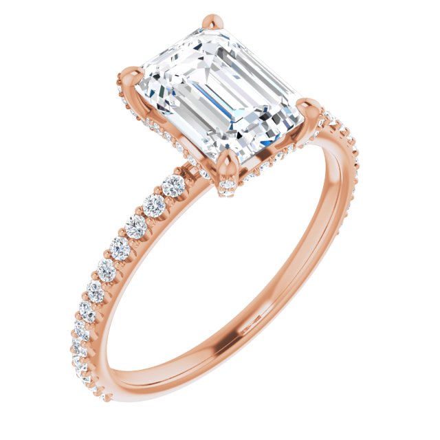 Cubic Zirconia Engagement Ring- The Maleny (Customizable Emerald Cut Design with Round-Accented Band, Micropavé Under-Halo and Decorative Prong Accents))