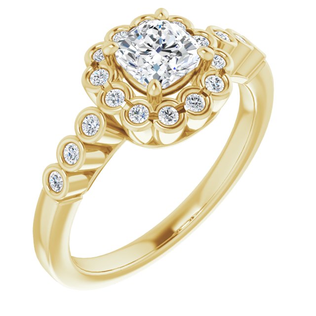 10K Yellow Gold Customizable Cushion Cut Design with Round-bezel Halo and Band Accents