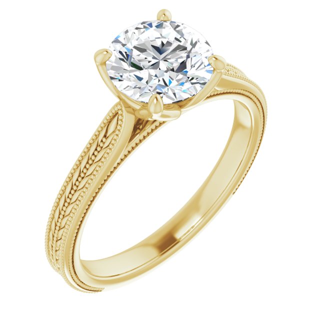 10K Yellow Gold Customizable Round Cut Solitaire with Wheat-inspired Band 