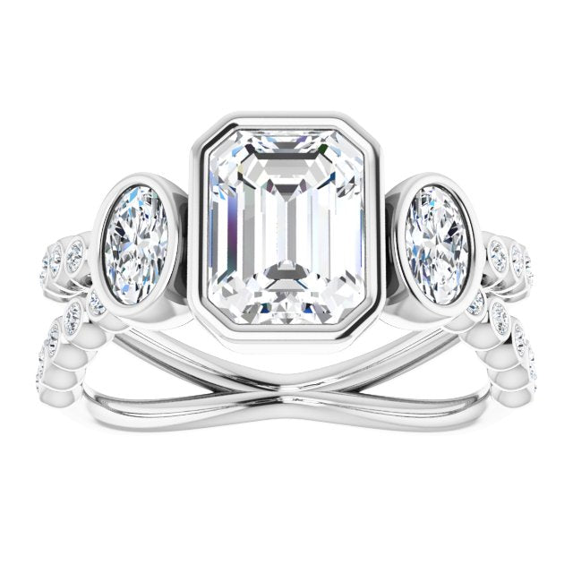 Cubic Zirconia Engagement Ring- The Tamanna (Customizable Bezel-set Radiant Cut Design with Dual Bezel-Oval Accents and Round-Bezel Accented Split Band)
