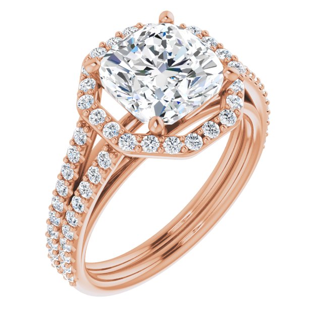 10K Rose Gold Customizable Cathedral Cushion Cut Design with Geometric Halo & Split Pavé Band