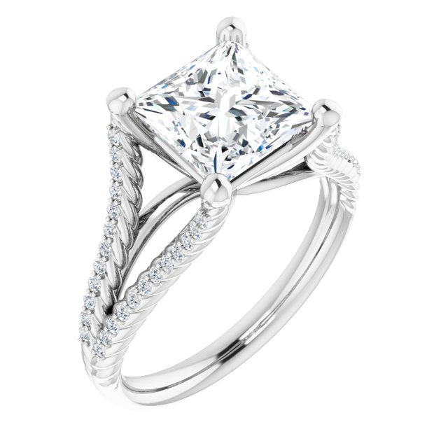 Cubic Zirconia Engagement Ring- The Contessa (Customizable Princess/Square Cut Style with Split Band and Rope-Pavé)